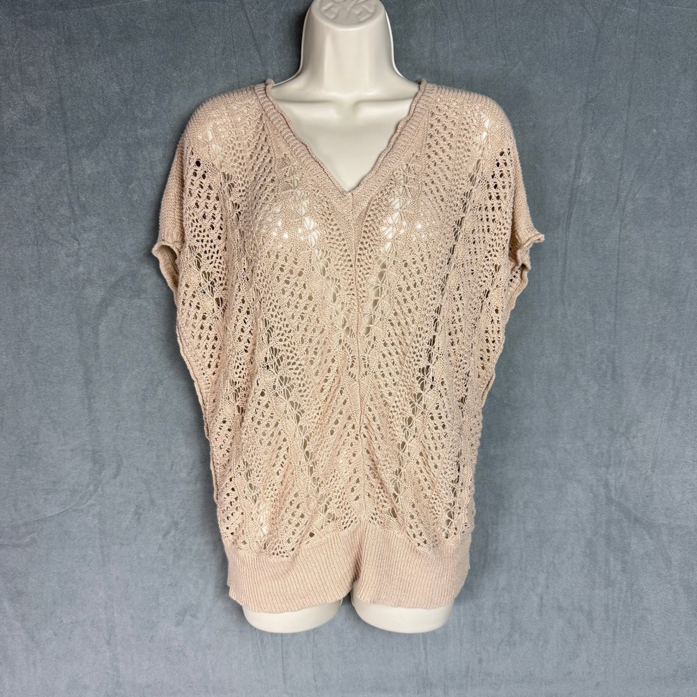 BCBGMAXAZRIA Womens Top M Linen Cotton Tunic Boho Crochet Knit V-Neck Tan Beige